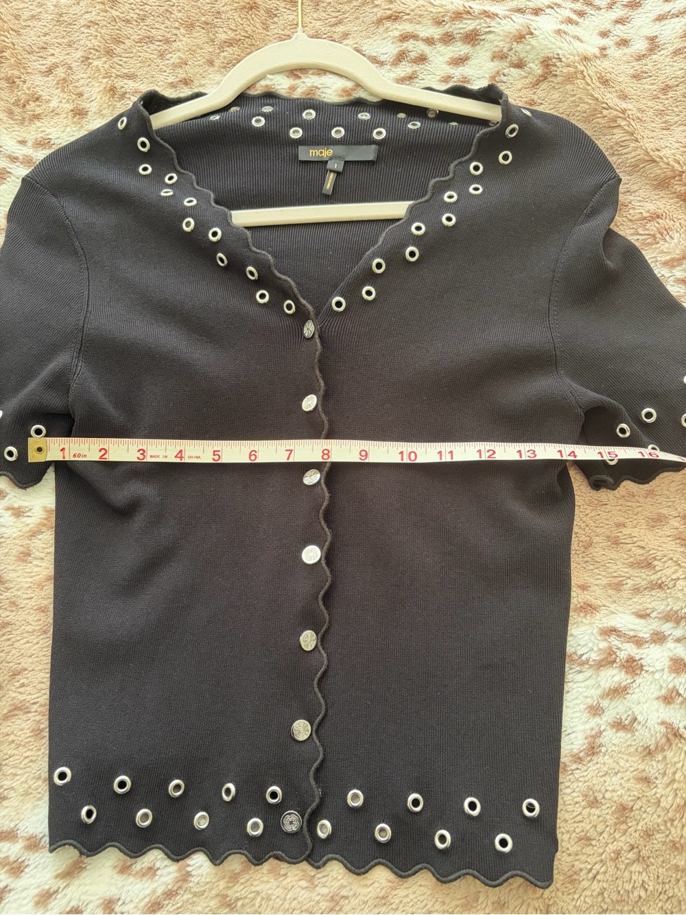 Maje Black Grommets -Trim Short Sleeve Button Down Top - Picture 3 of 5